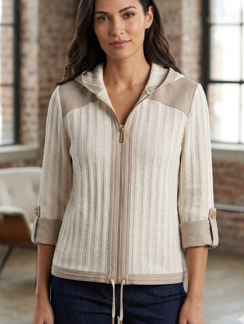 St John Sport Wool Blend Knit Detachable Hoodie Zip Front Jacket Beige Size S P